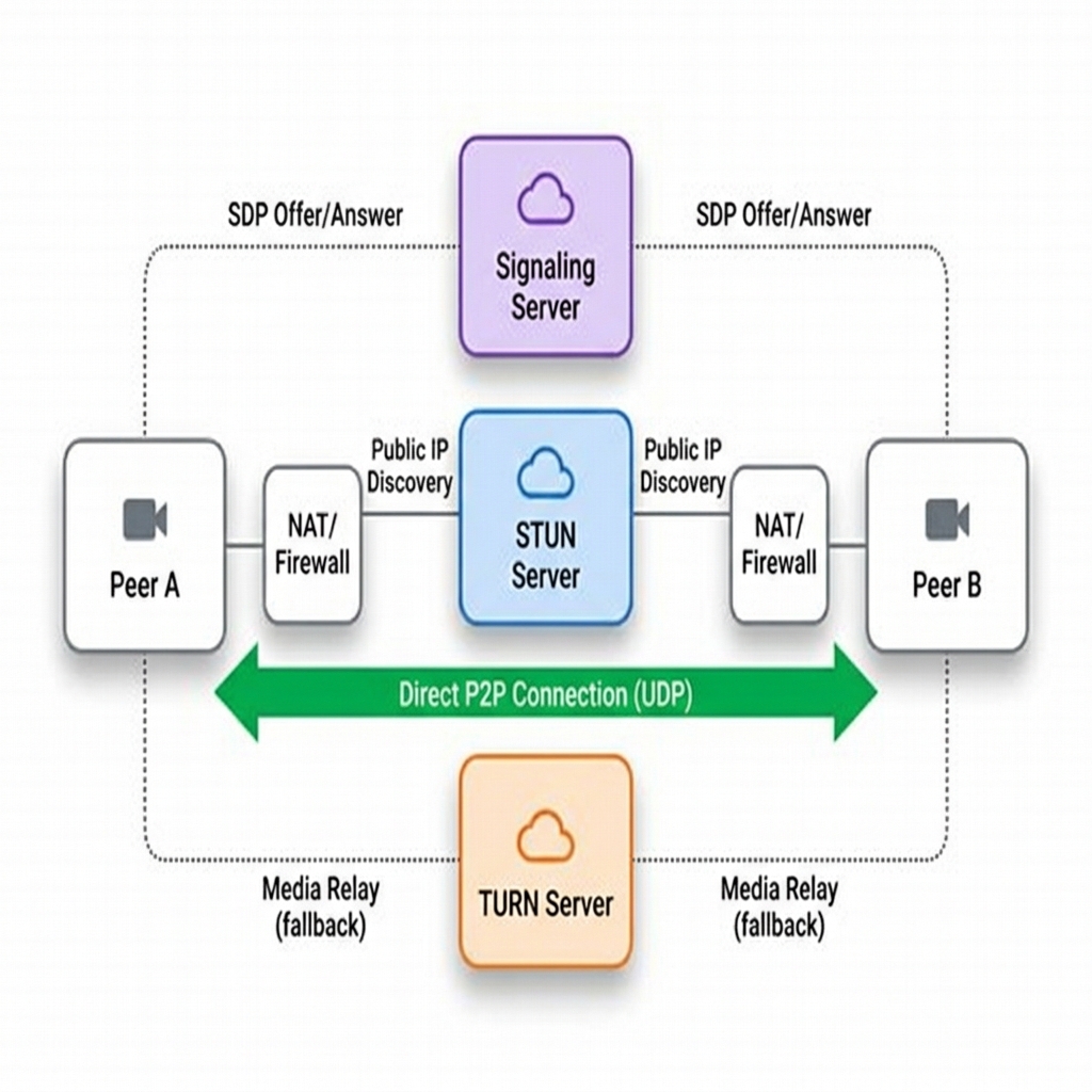WebRTC Architecture showing Signaling Server, STUN Server, TURN Server, and direct P2P connection between peers
